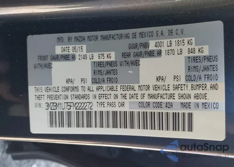 2015 Mazda Mazda3 I Sport z USA, uszkodzony, nr VIN 3MZBM1U75FM222272